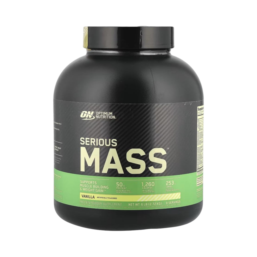Envase de Somos Landa Optimum Nutrition Serious Mass de 6 libras, suplemento hipercalórico sabor vainilla.