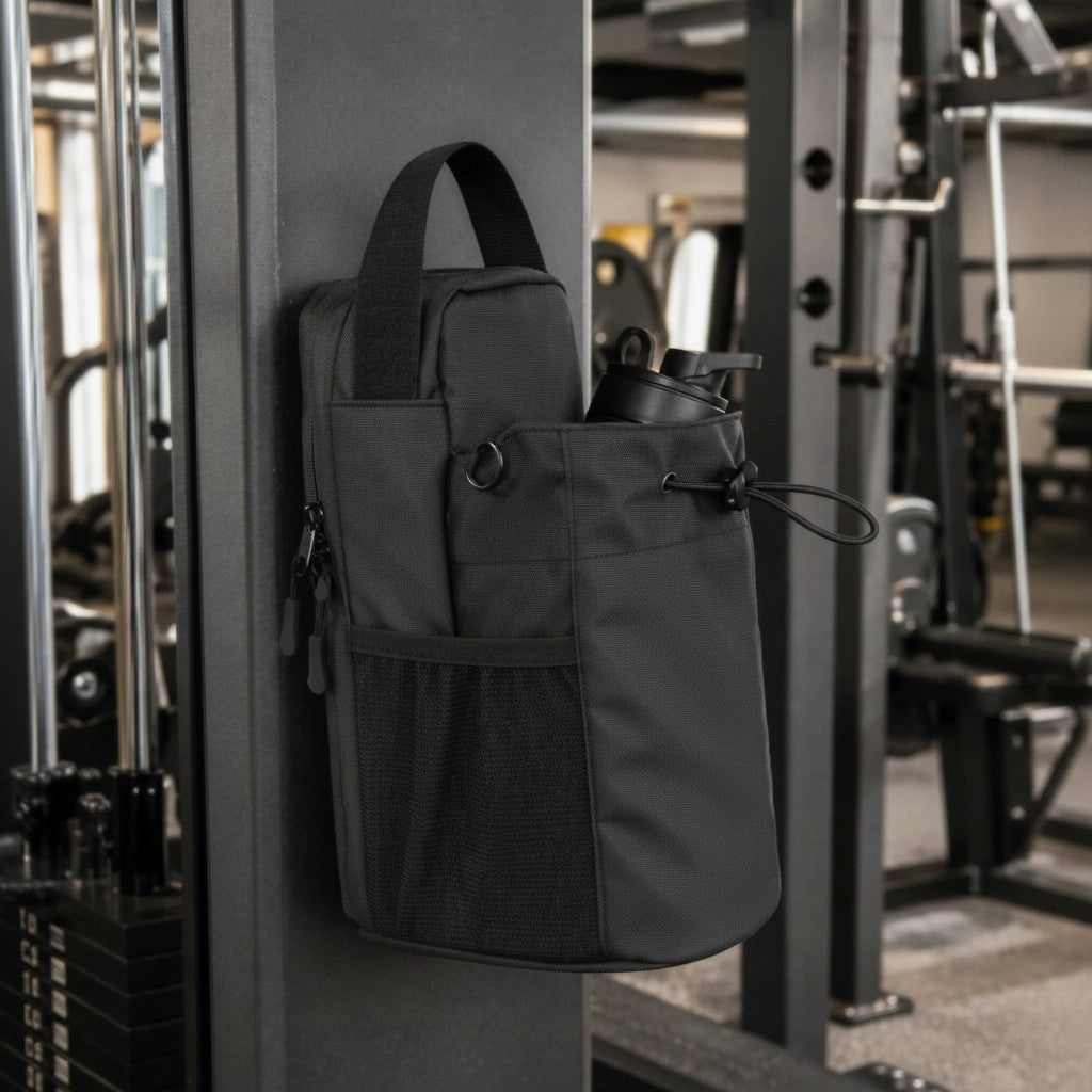 Porta termo magnético Somos Landa negro para gimnasio, sujeto a una máquina metálica con botella deportiva dentro.