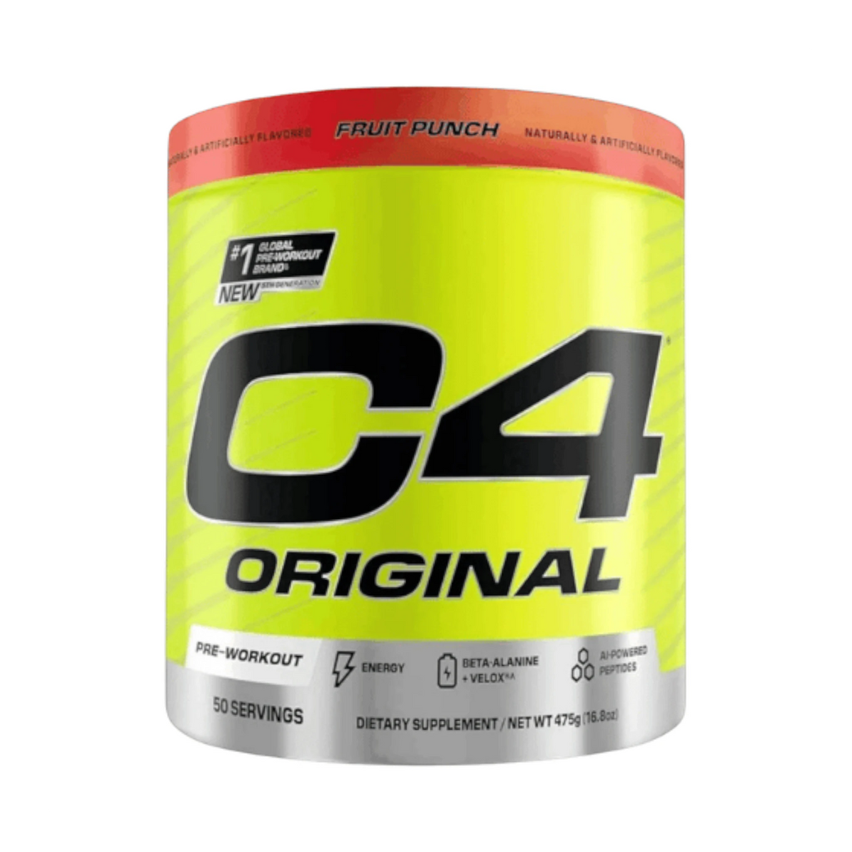Envase de pre-entreno Cellucor C4 Original de 50 servicios en color amarillo brillante con letras negras.