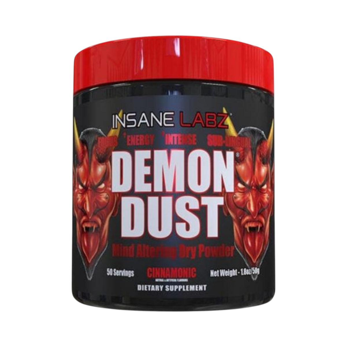 Bote de pre-entreno Insane Labz Demon Dust 50 servicios de Somos Landa con diseño de demonio en etiqueta negra
