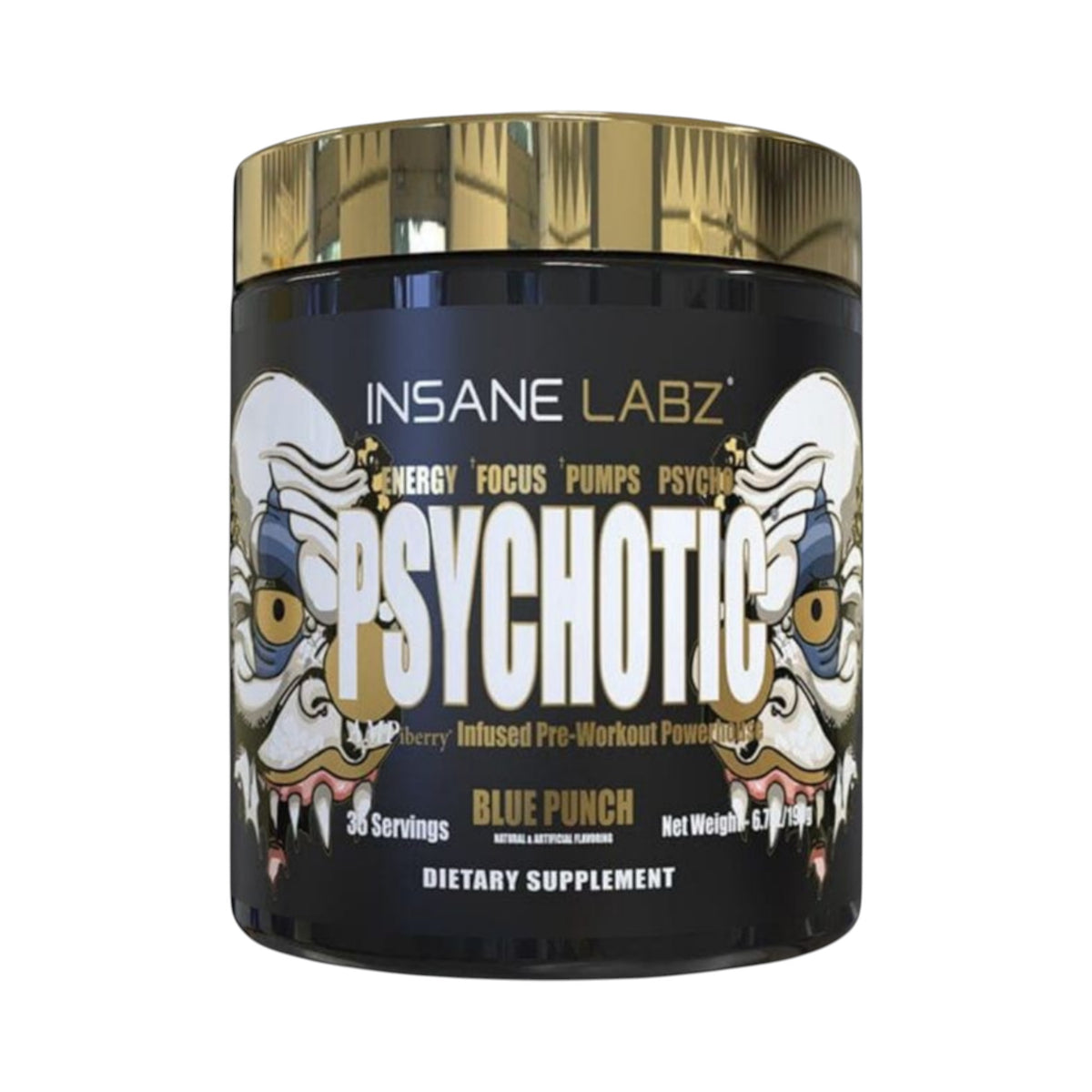 Suplemento pre-entreno Psychotic Insane Labz de Somos Landa en envase negro con tapa dorada y 35 servicios