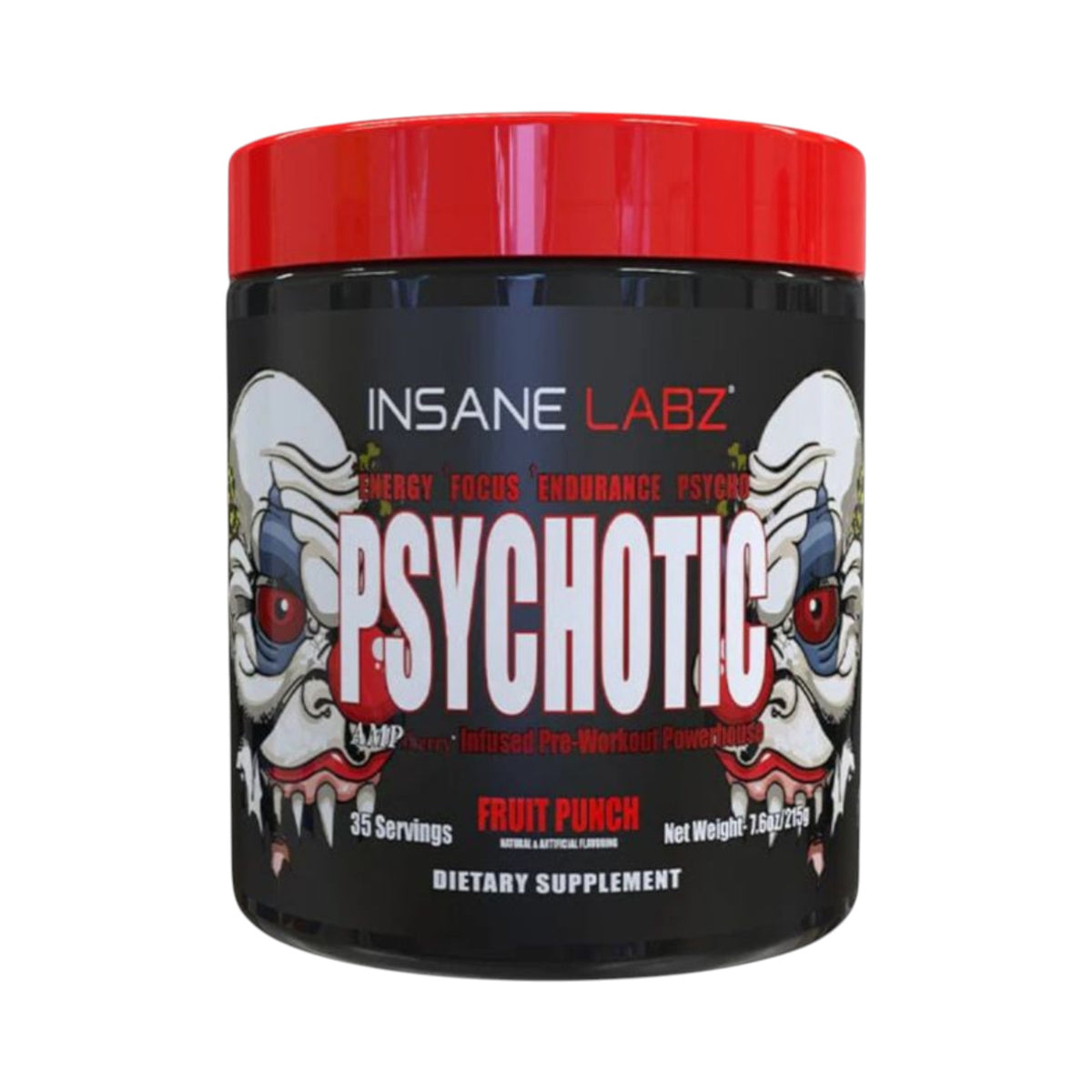 Bote de suplemento pre-entreno Psychotic de Insane Labz en Somos Landa, sabor fruit punch con 35 servicios.