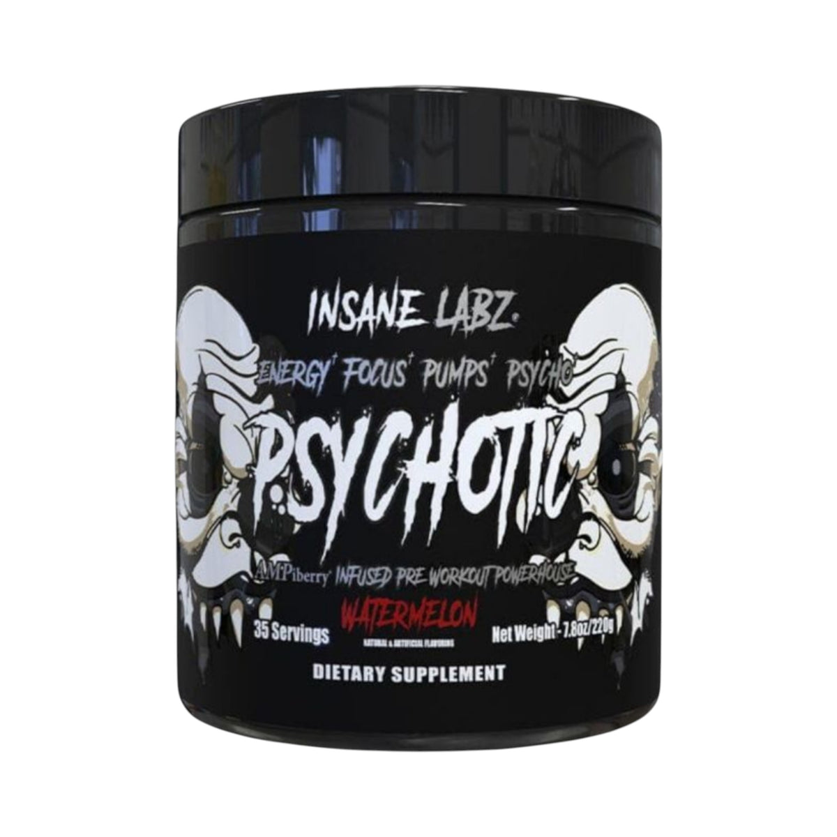 Bote de pre-entreno Psychotic de Insane Labz, suplemento en polvo de 35 servicios de Somos Landa con diseño negro y calaveras