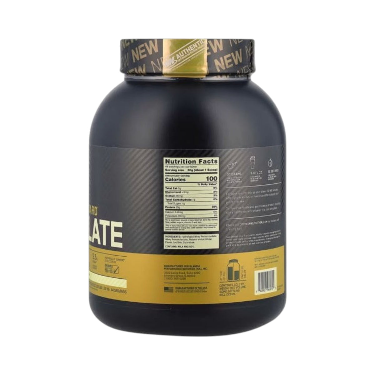 Envase de 3 libras de proteína Isolate de Optimum Nutrition con etiqueta negra y dorada de Somos Landa