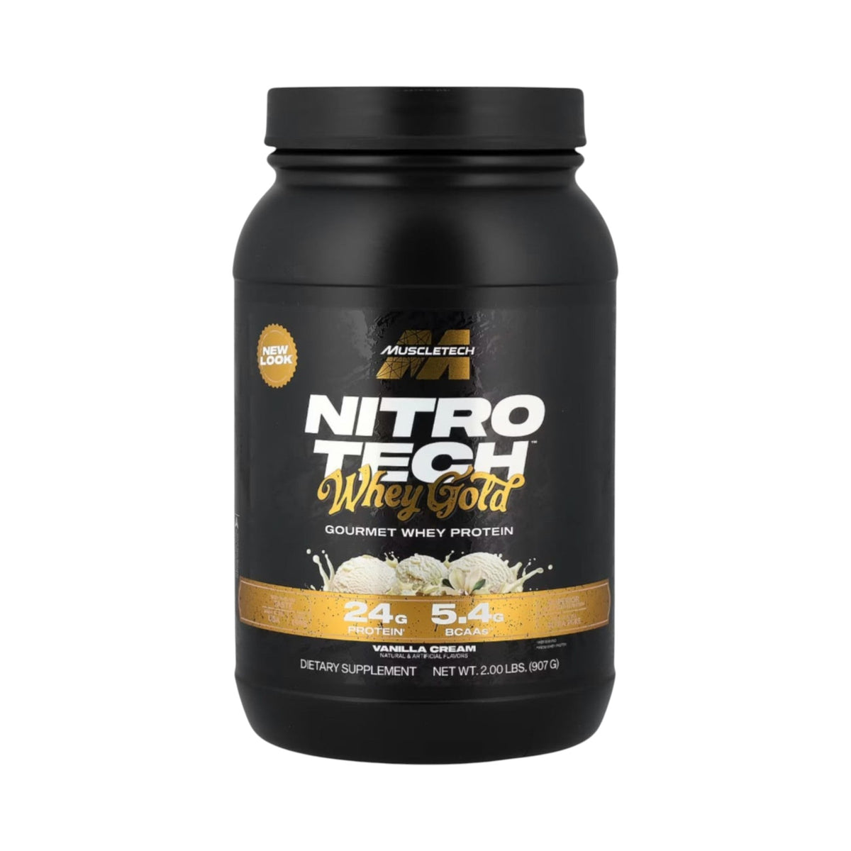 Envase de Somos Landa Proteína Nitro Tech Whey Gold de 2 libras sabor vainilla para recuperación muscular