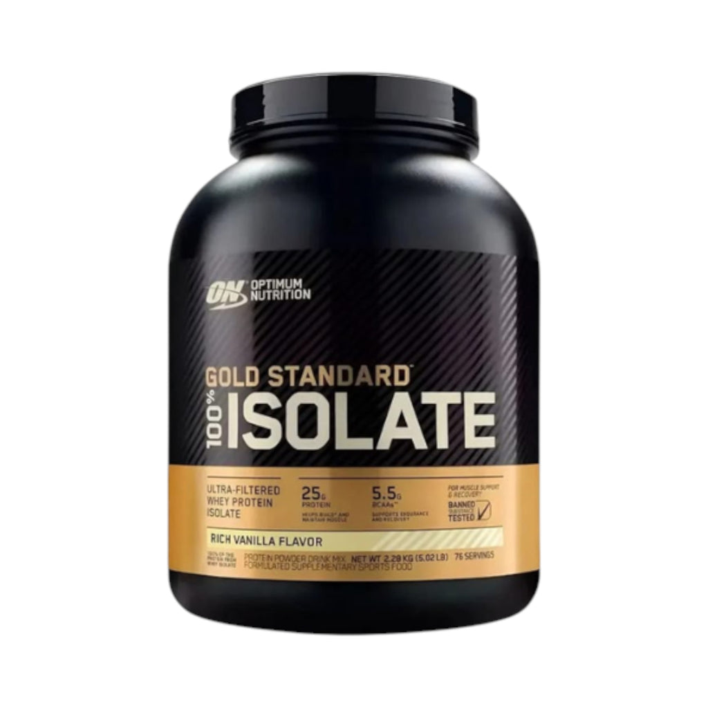 Envase de 5 libras de proteína Optimum Nutrition Gold Standard Isolate de Somos Landa, suplemento de suero puro.