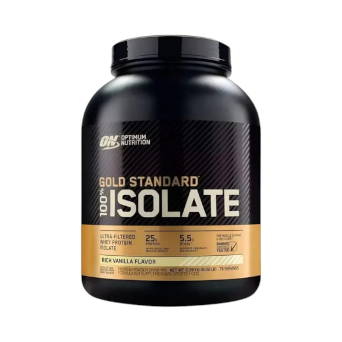 Envase de 5 libras de proteína Optimum Nutrition Gold Standard Isolate de Somos Landa, suplemento de suero puro.