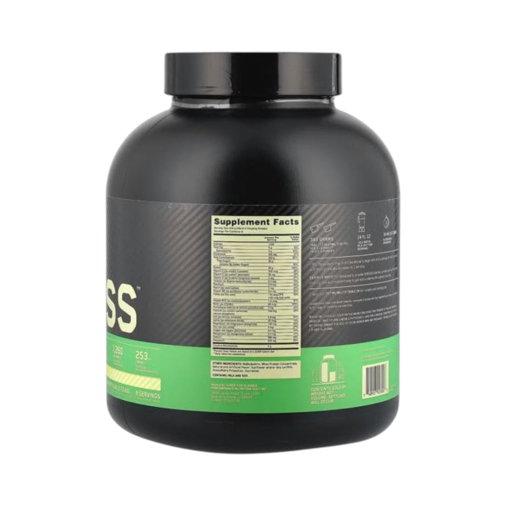 Envase de proteína Serious Mass de Optimum Nutrition de Somos Landa, mostrando la etiqueta con información nutricional.