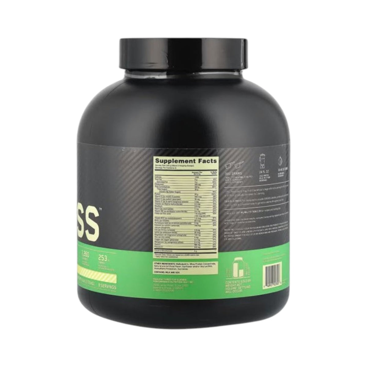 Envase de proteína Serious Mass de Optimum Nutrition de Somos Landa, mostrando la etiqueta con información nutricional.