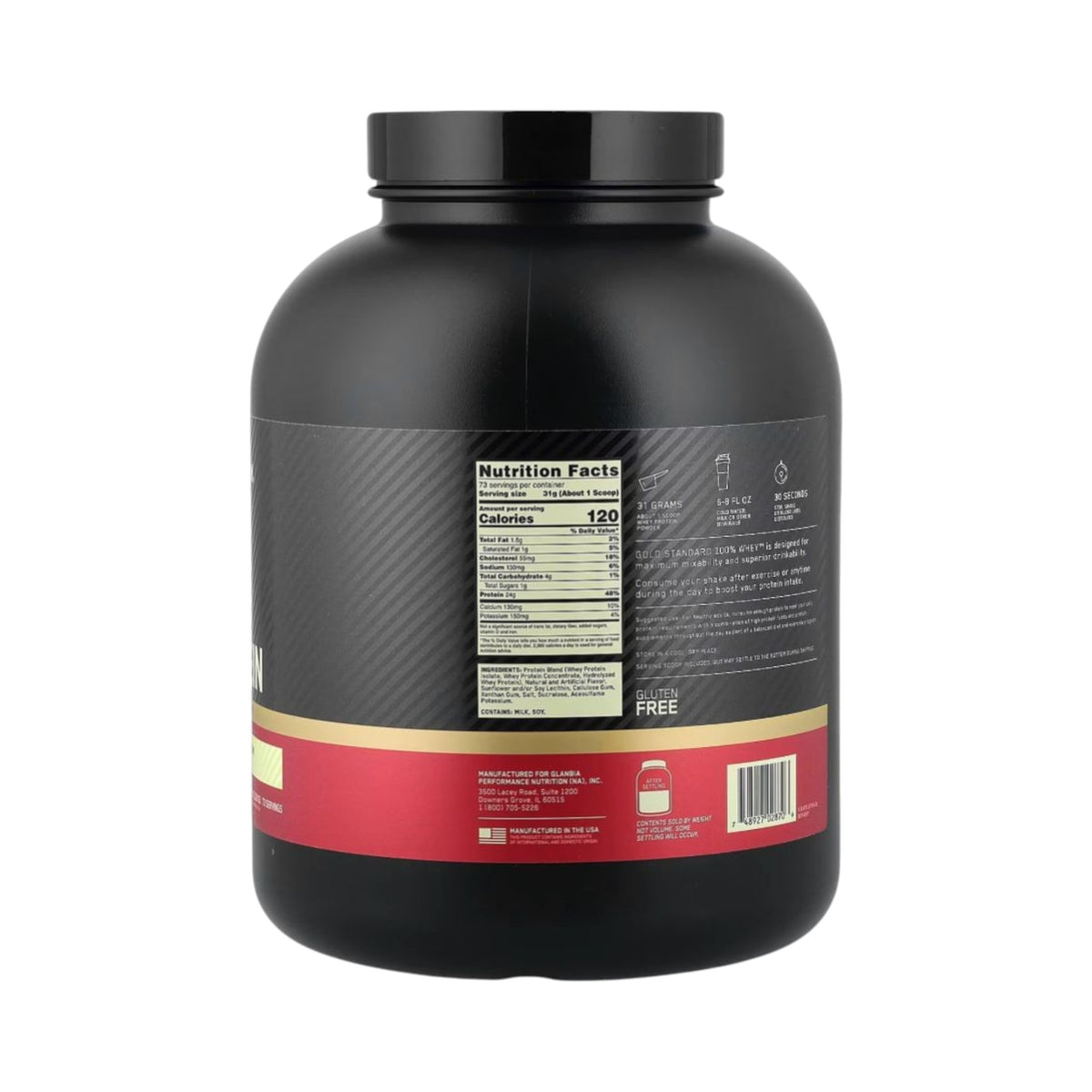 Envase de 5 libras de proteína Whey Gold Standard de Optimum Nutrition, suplemento deportivo de Somos Landa