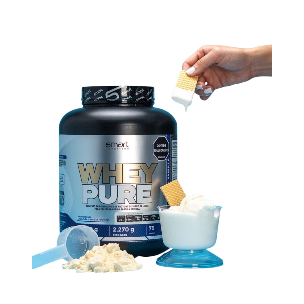 Proteína Whey Pure de Smart Nutrition en Somos Landa, envase de 5 libras con sabor a vainilla y scoop medidor