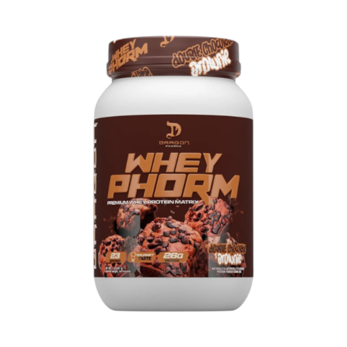 Envase de proteina WheyPhorm de Dragon Pharma sabor Double Chocolate Brownie, disponible en Somos Landa