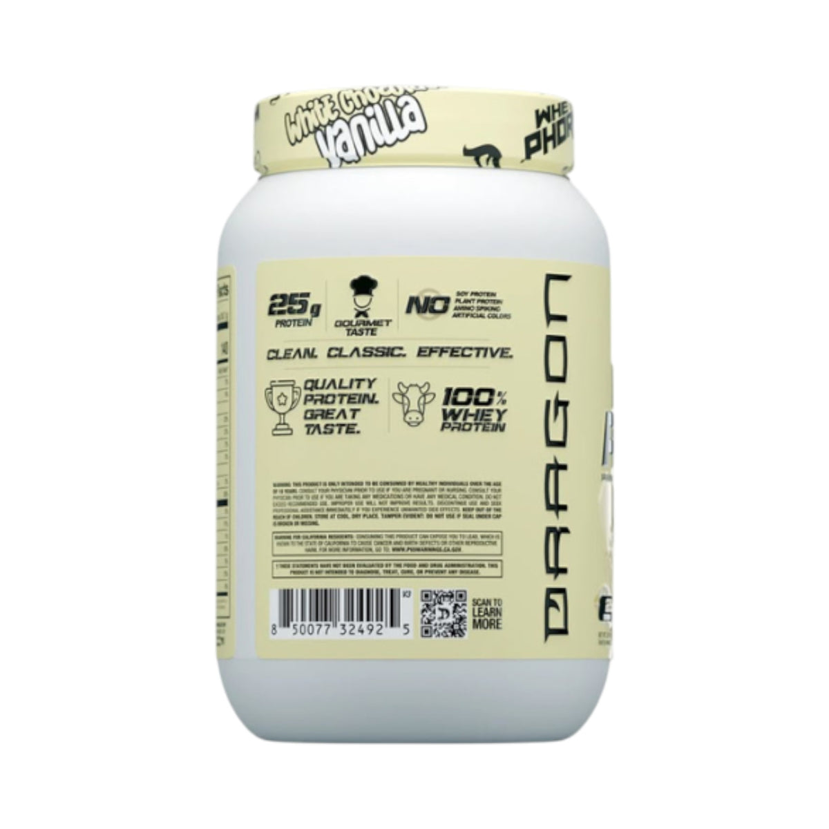 Envase de proteína WheyPhorm de Dragon Pharma, suplemento de suero de leche de 2 libras disponible en Somos Landa.