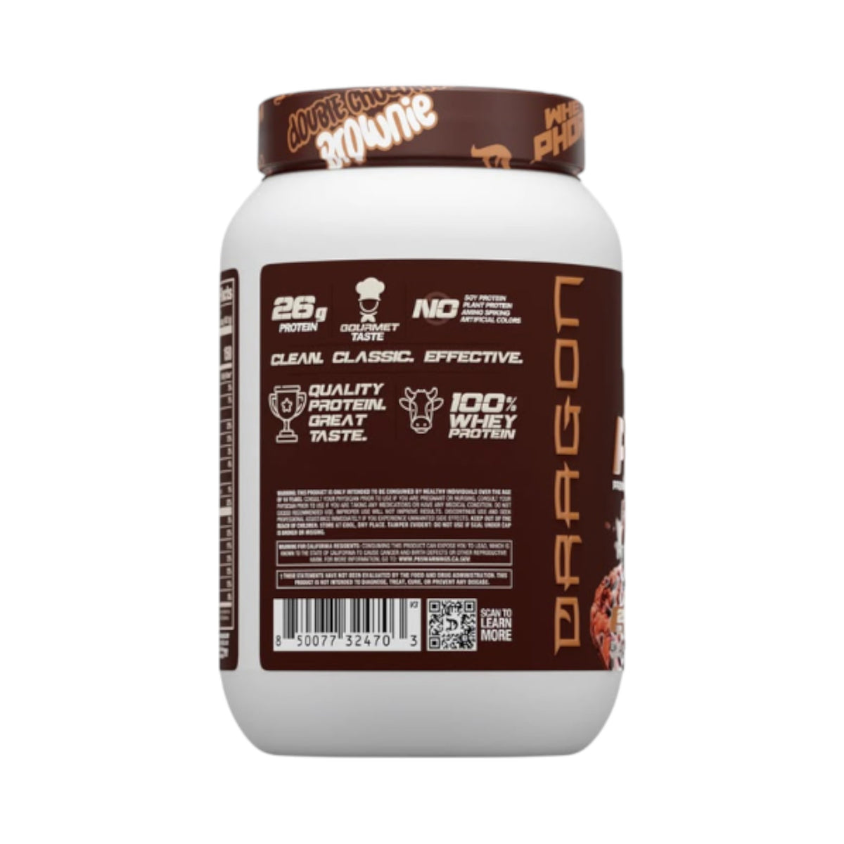 Envase de Proteína WheyPhorm de Dragon Pharma sabor Double Chocolate Brownie, marca Somos Landa, 2 libras.