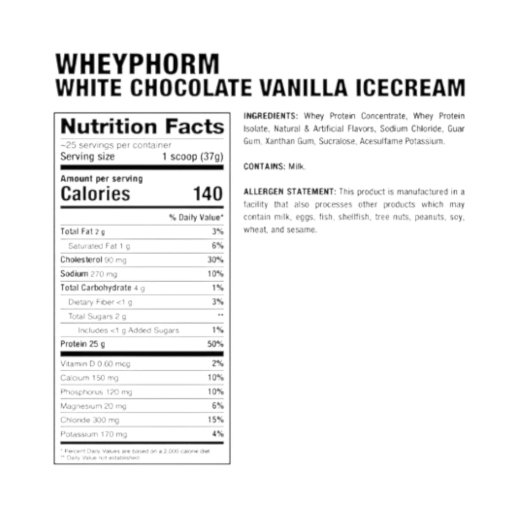 Tabla de información nutricional de la proteína WheyPhorm de Somos Landa sabor vainilla y chocolate blanco