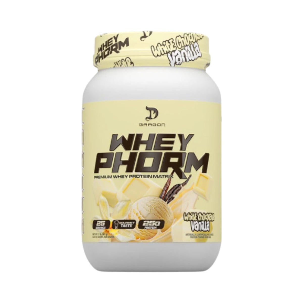 Envase de proteína WheyPhorm de Dragon Pharma sabor vainilla y chocolate blanco, marca Somos Landa