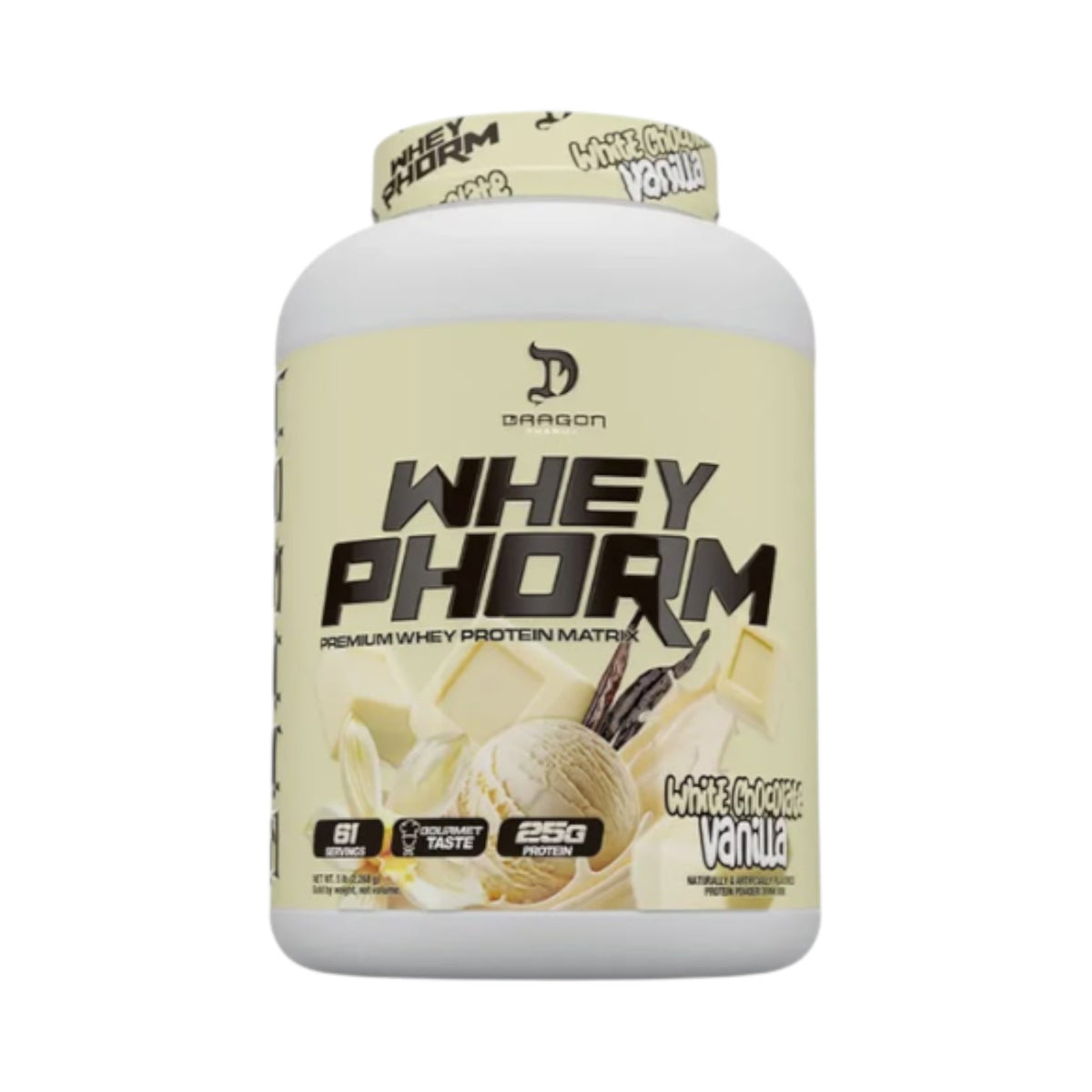Proteína WheyPhorm Dragon Pharma sabor vainilla y chocolate blanco en envase de 5 libras de Somos Landa