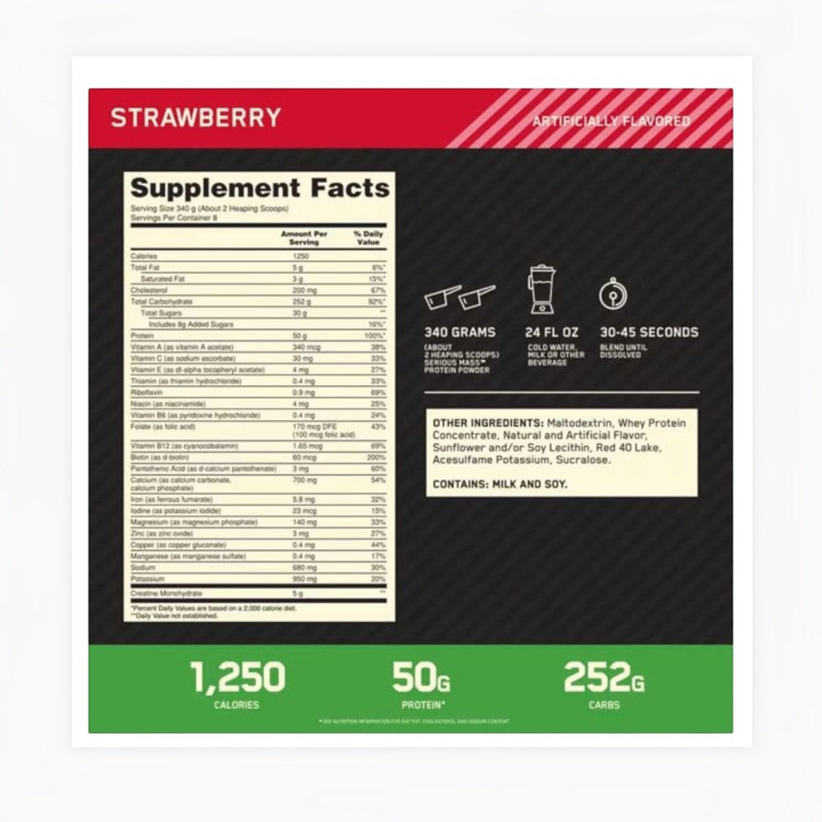 Tabla nutricional de Somos Landa Serious Mass Optimum Nutrition con 1250 calorías y 50g de proteína sabor fresa