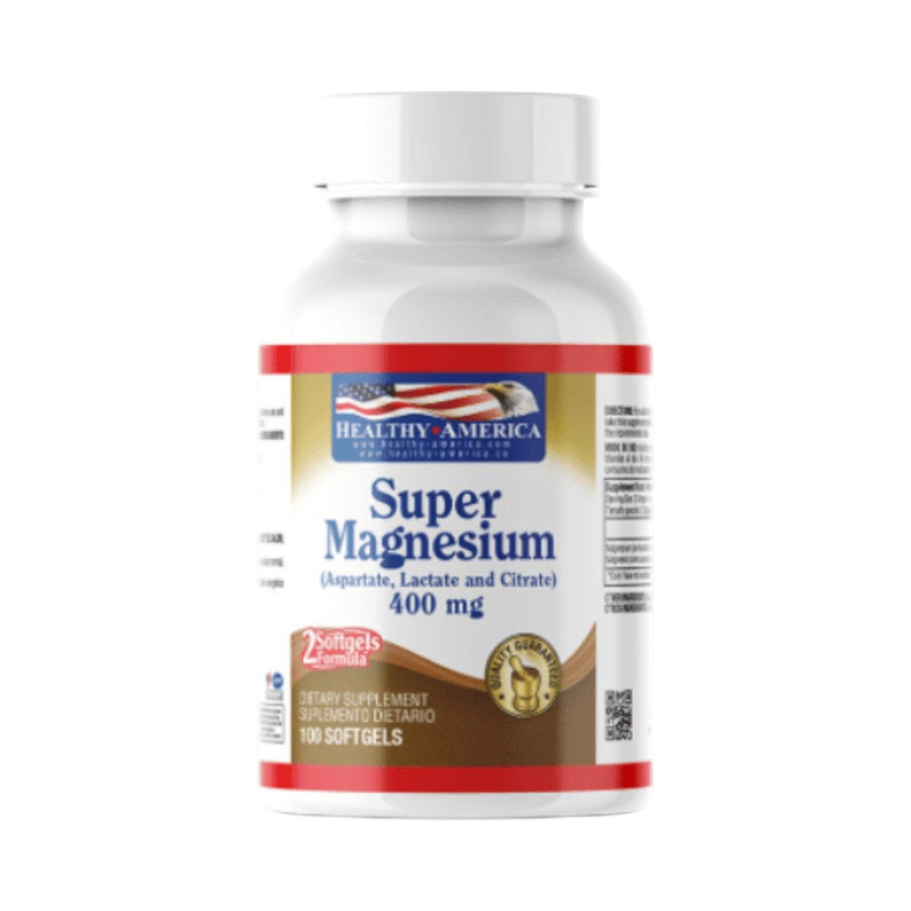 Frasco de Super Magnesium 400 mg de Healthy America, suplemento dietario de 100 cápsulas de Somos Landa