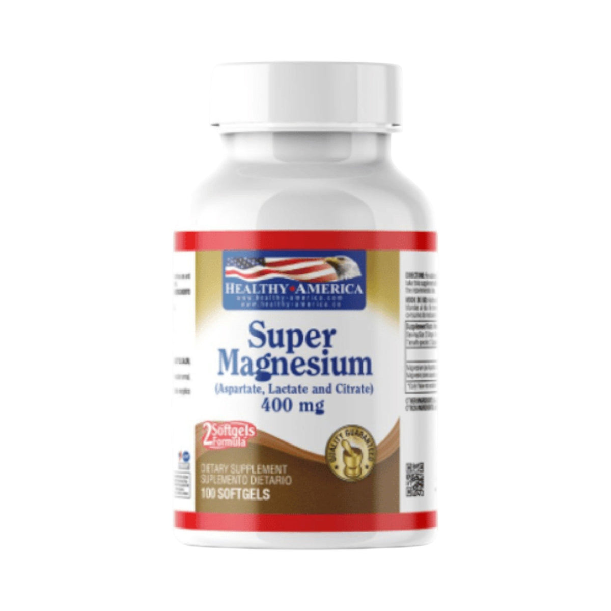 Frasco de Super Magnesium 400 mg de Healthy America, suplemento dietario de 100 cápsulas de Somos Landa