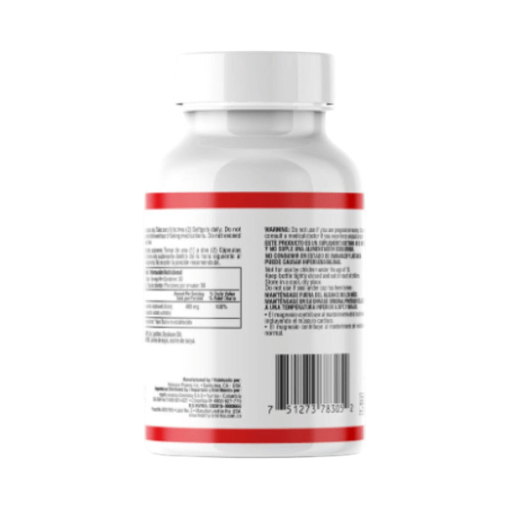 Envase de Super Magnesium 400mg de Healthy America, suplemento de Somos Landa con información nutricional y sello.