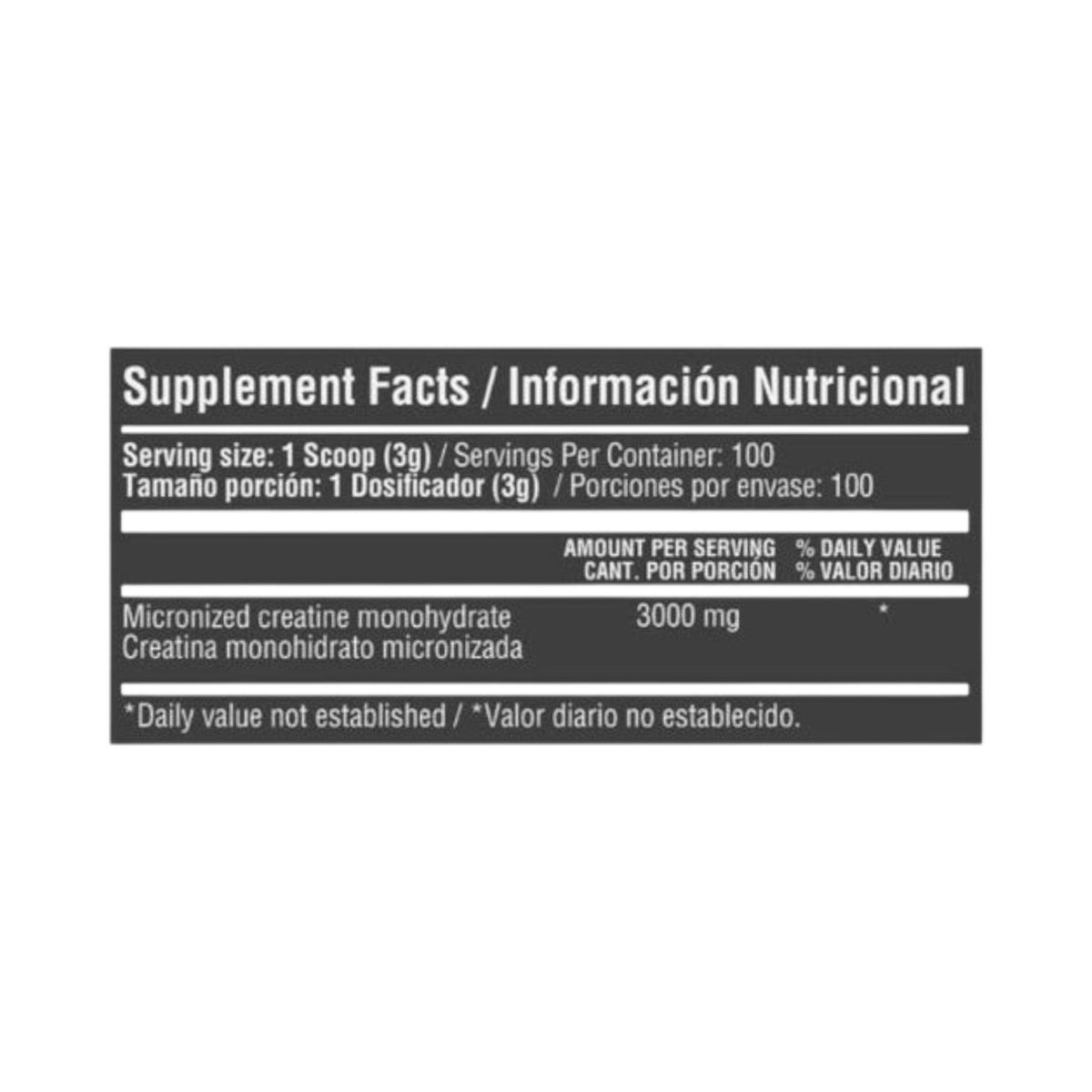 Tabla nutricional de Creatina Monohidratada Healthy Sports de Somos Landa con 3000 mg por porción y 100 servicios.