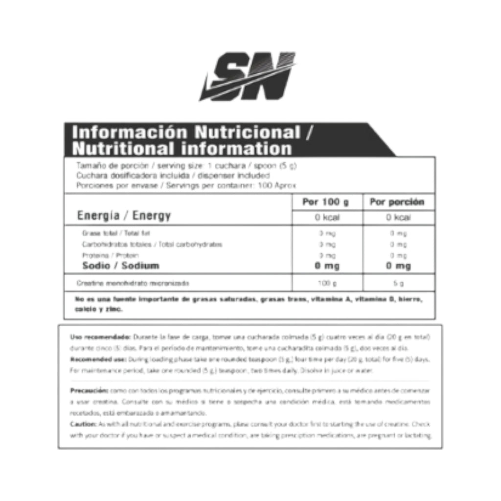 Tabla de información nutricional de Creatina Iron de Somos Landa, suplemento monohidratado de 100 servicios.