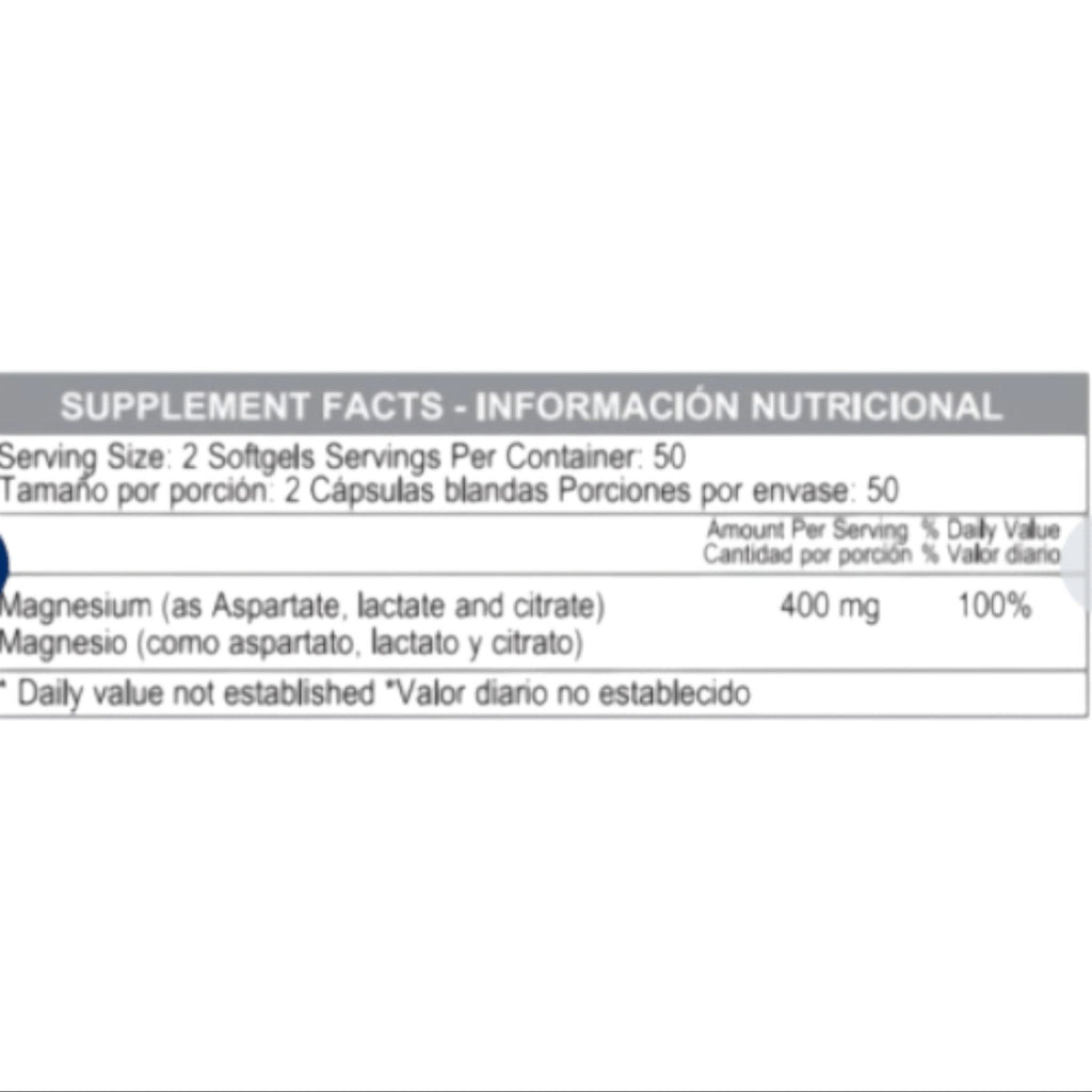 Tabla de información nutricional del suplemento Super Magnesium 400mg de Healthy America en Somos Landa