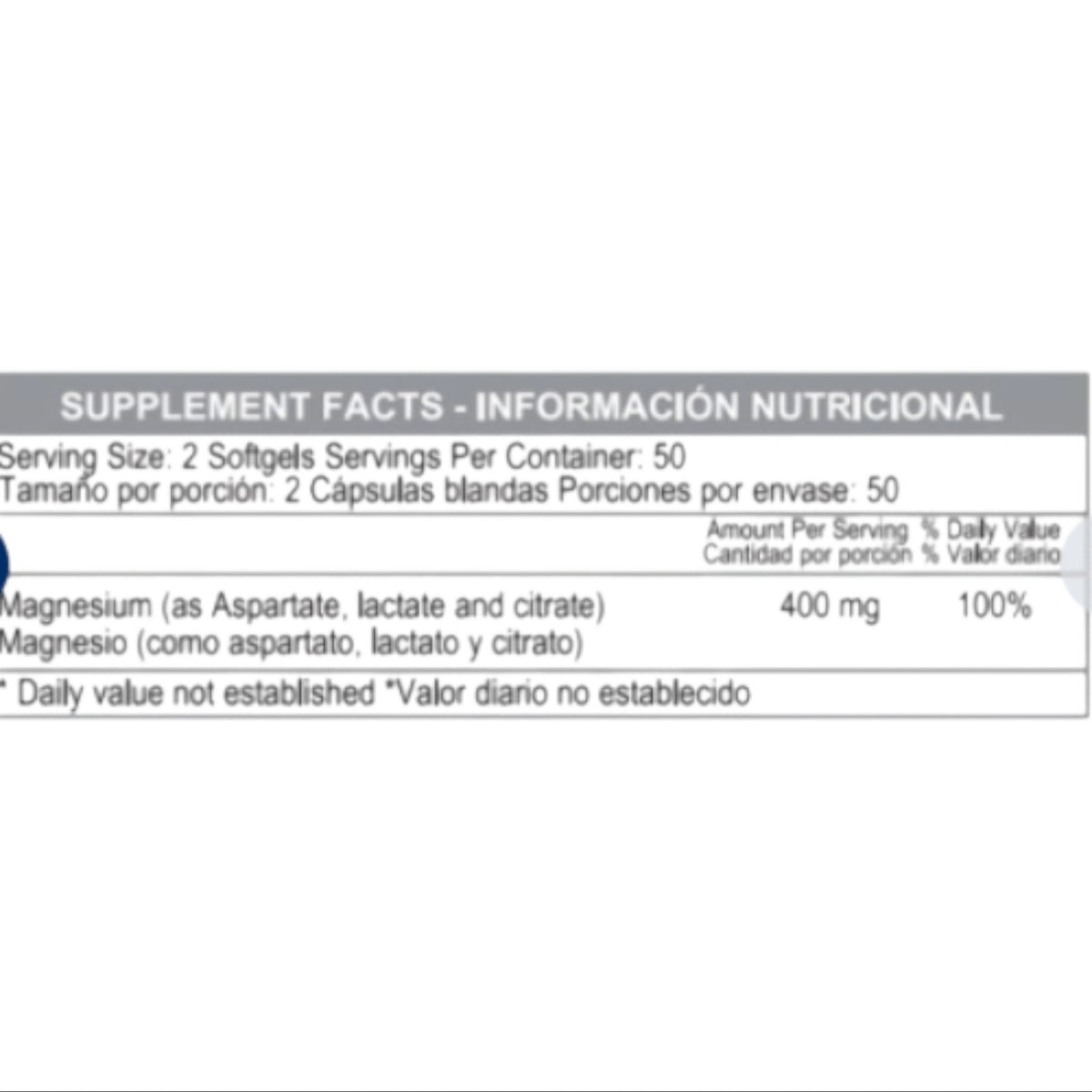 Tabla de información nutricional del suplemento Super Magnesium 400mg de Healthy America en Somos Landa