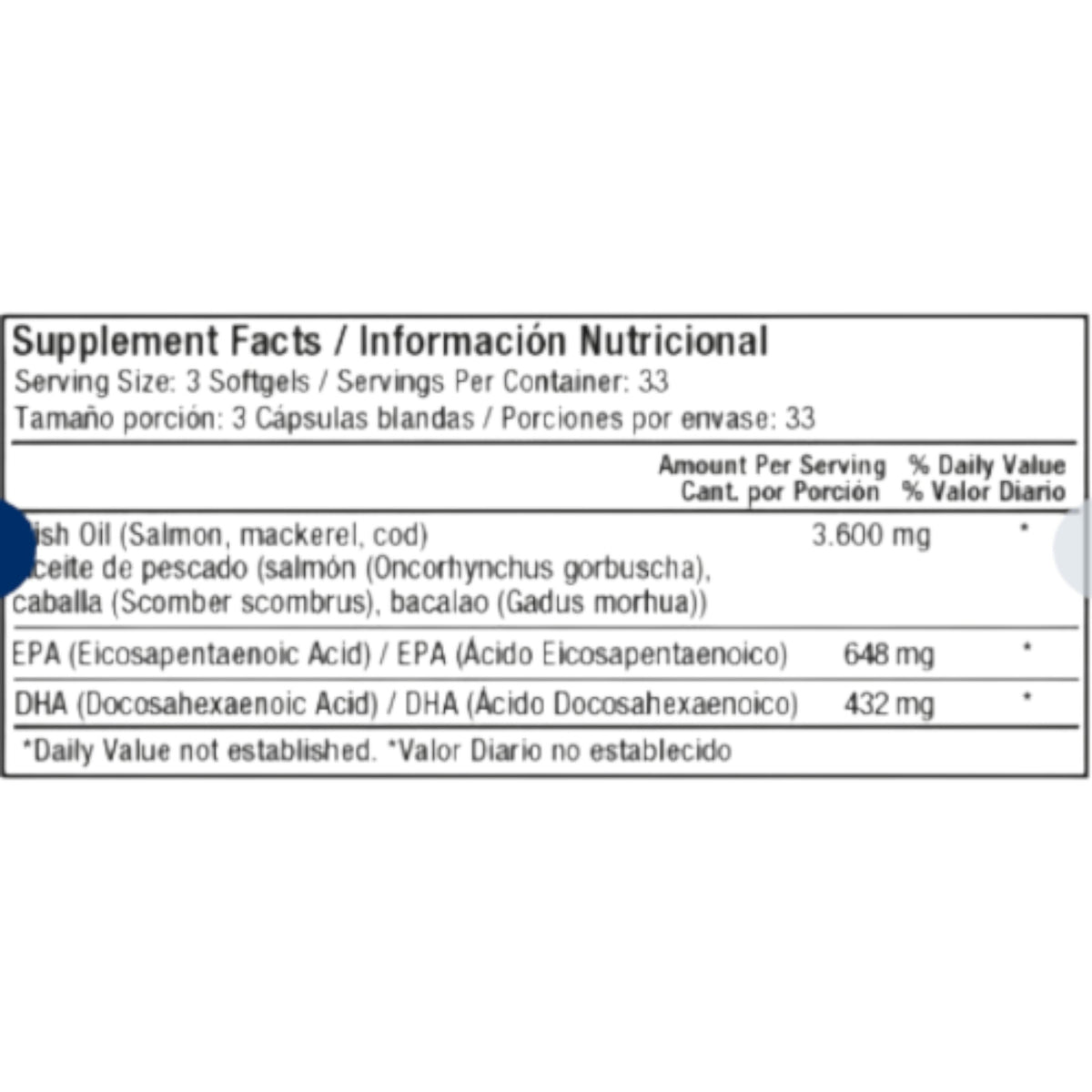 Tabla de información nutricional del suplemento Fish Oil Omega 3 de Somos Landa con detalles de EPA y DHA.