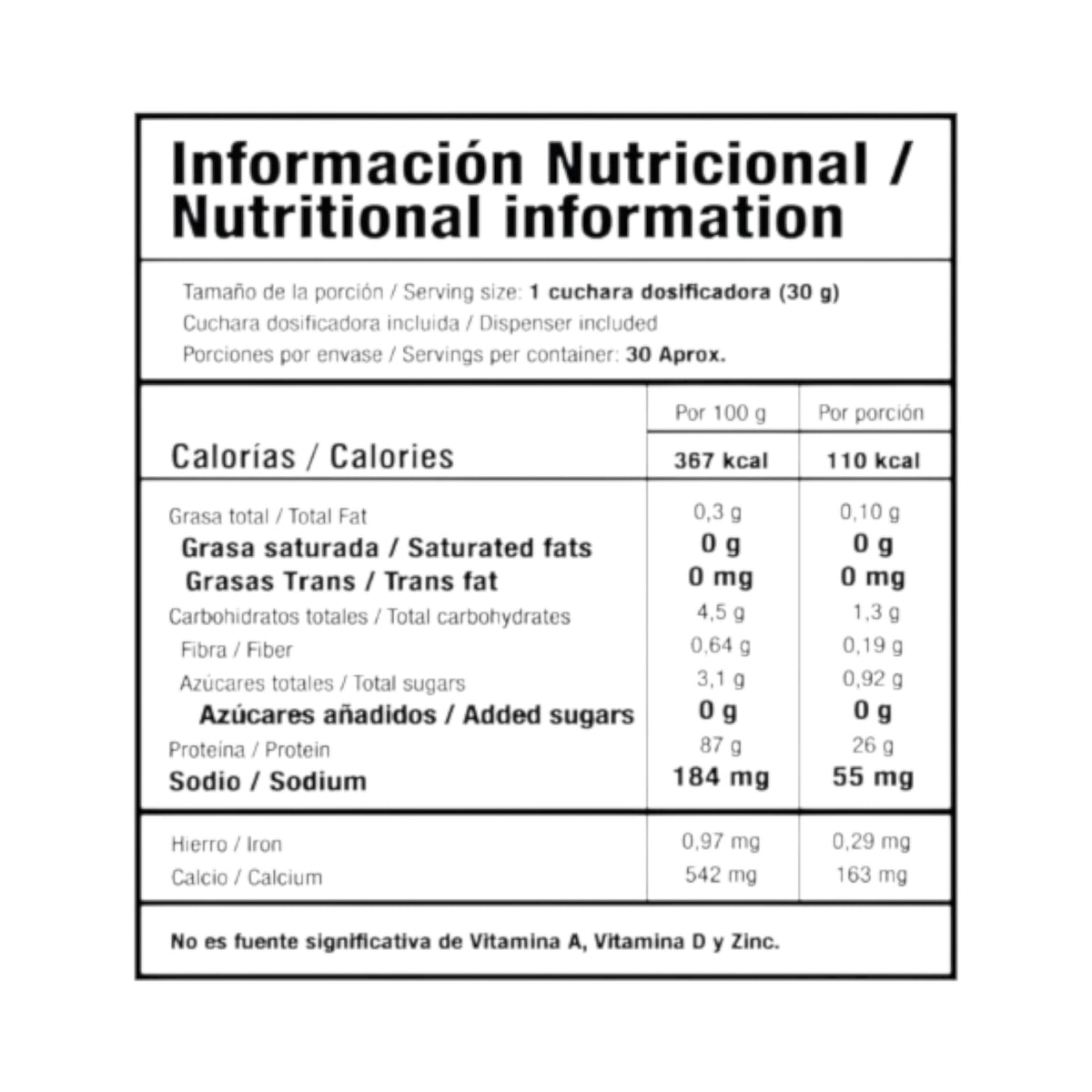 Tabla de información nutricional de Somos Landa Proteína Whey Pure con desglose de calorías y macronutrientes