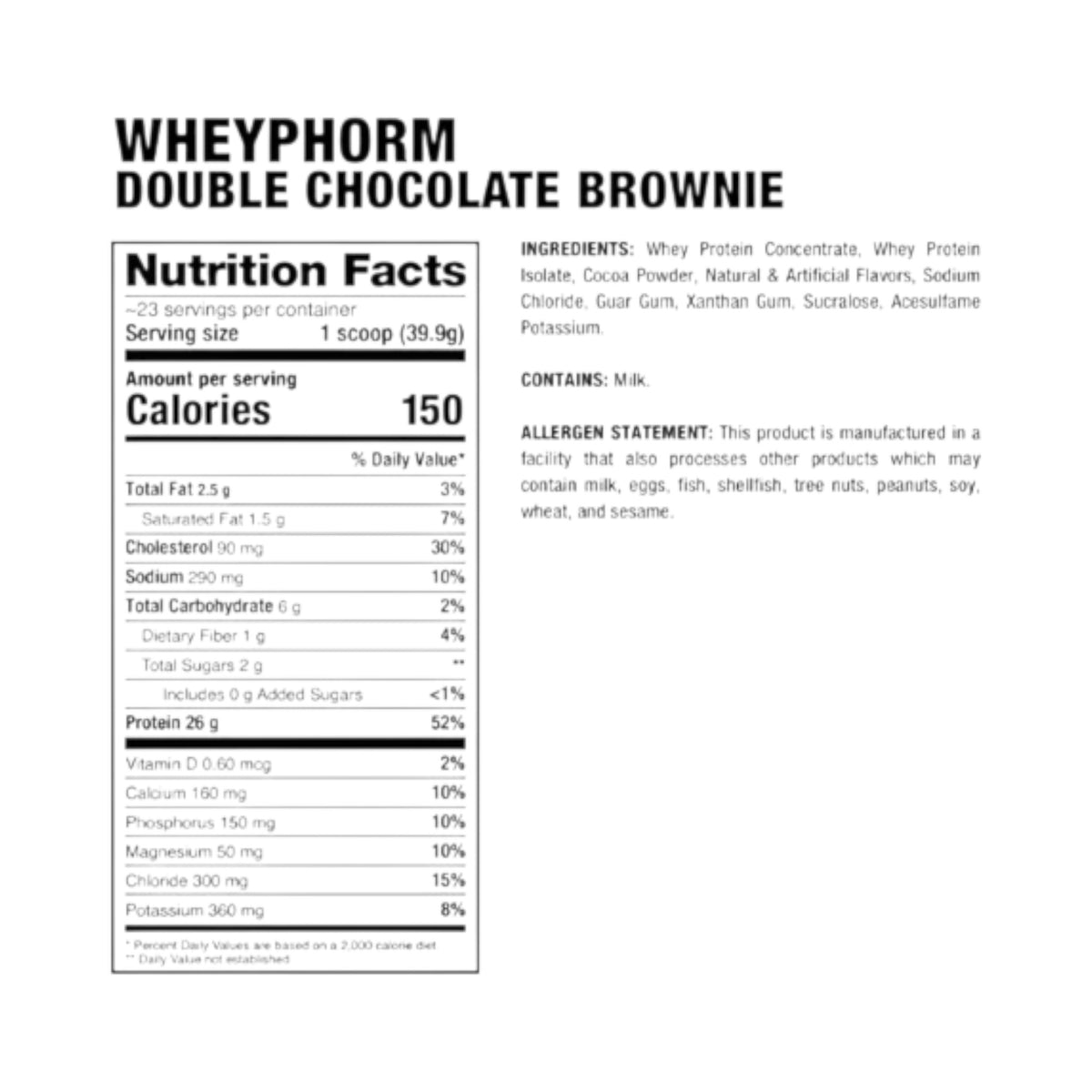 Tabla de información nutricional de la proteína WheyPhorm de Somos Landa sabor Double Chocolate Brownie