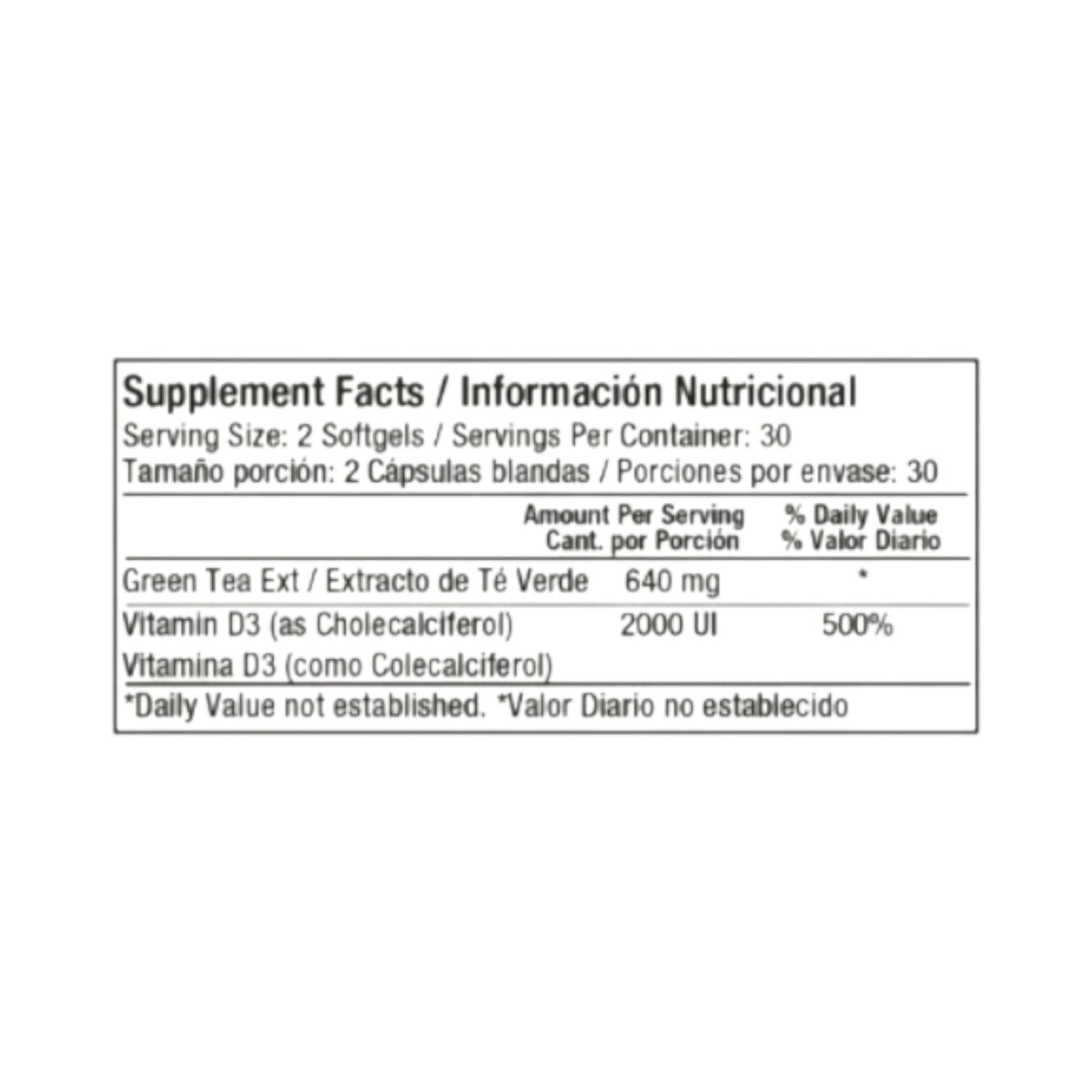 Tabla de información nutricional del suplemento Healthy America Green Tea Extract con Vitamina D3 de Somos Landa