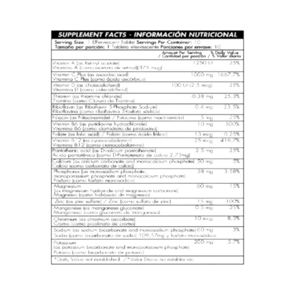 Tabla de información nutricional de Somos Landa Vitamina C Ener-C con 18 nutrientes y vitaminas esenciales