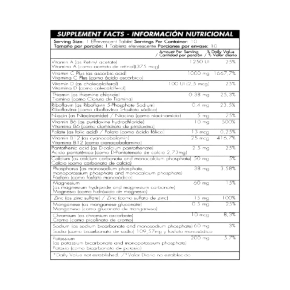 Tabla de información nutricional de Somos Landa Vitamina C Ener-C con 18 nutrientes y vitaminas esenciales