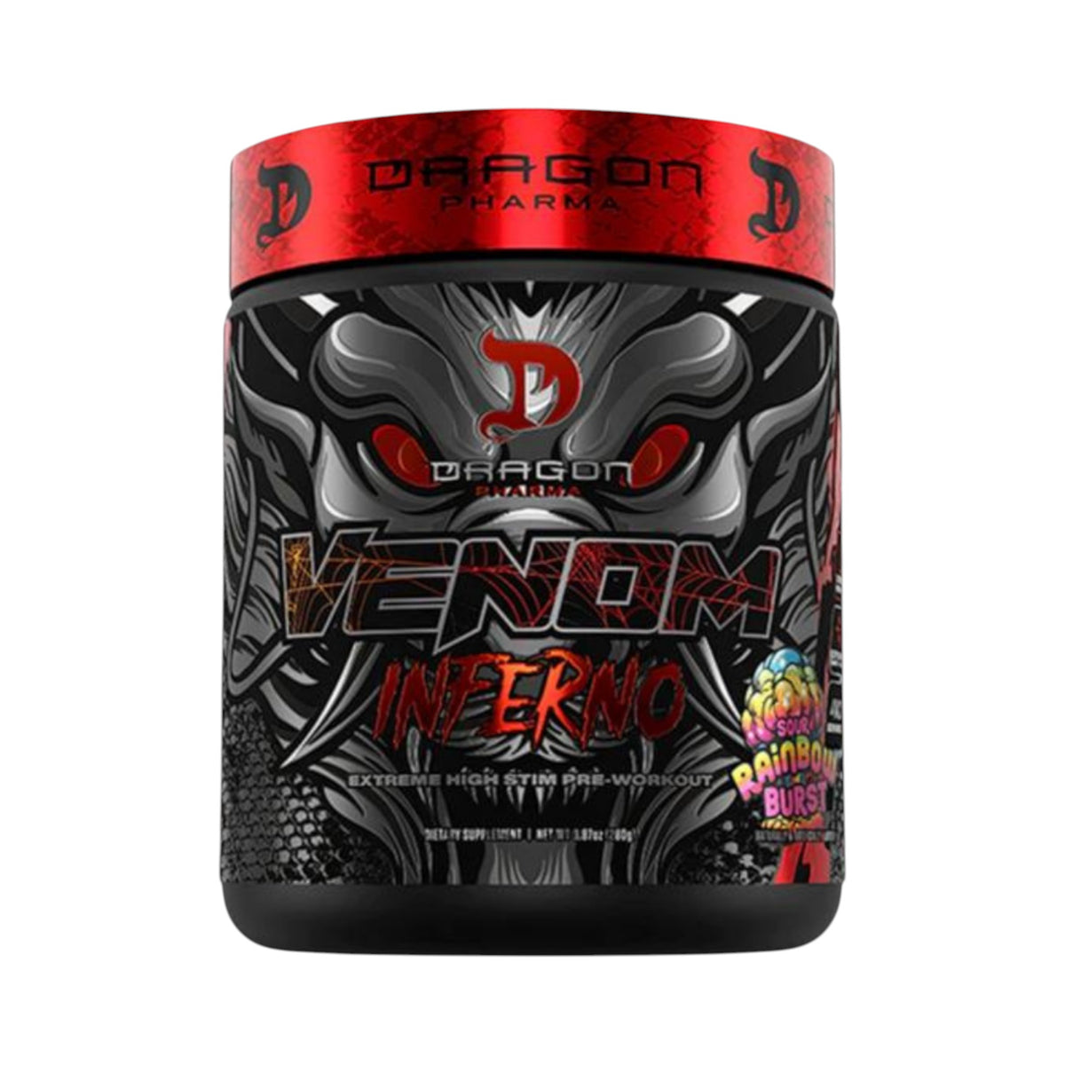 Envase de pre-entreno Venom Inferno de Dragon Pharma en Somos Landa, suplemento termogénico con diseño de dragón rojo.