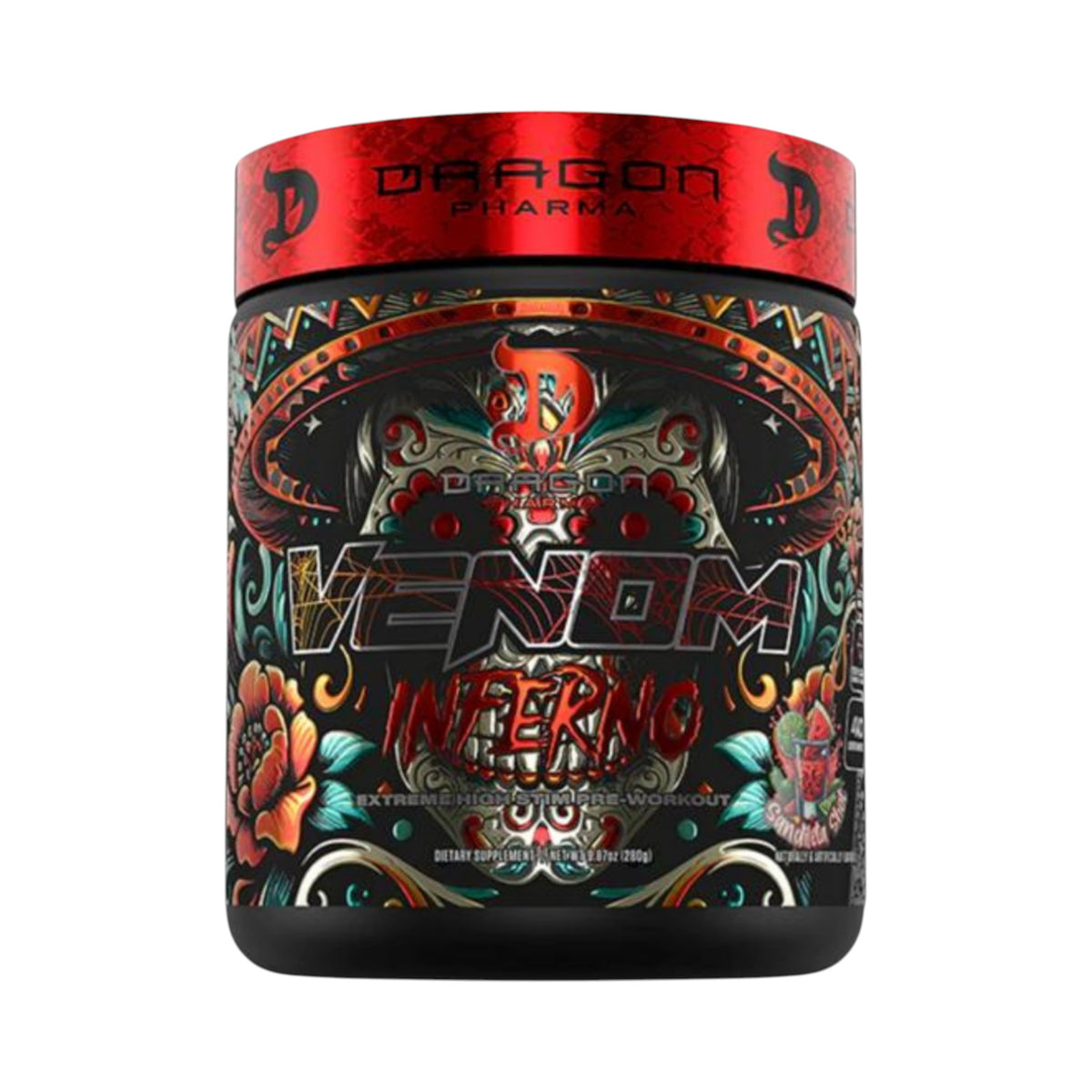 Envase de pre-entreno Venom Inferno de Dragon Pharma en Somos Landa, con diseño artístico de calavera y colores vivos.
