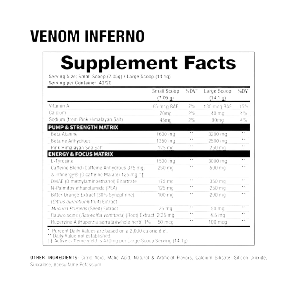 Tabla de información nutricional del pre-entreno Venom Inferno de Somos Landa con detalles de ingredientes y dosis.